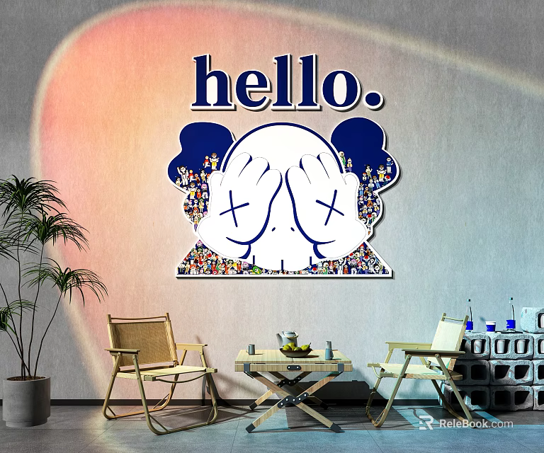 Fun Cartoon Panda Wall Decor With Hello Text X Shaped Eyes And Colorful Patterns 3d model 