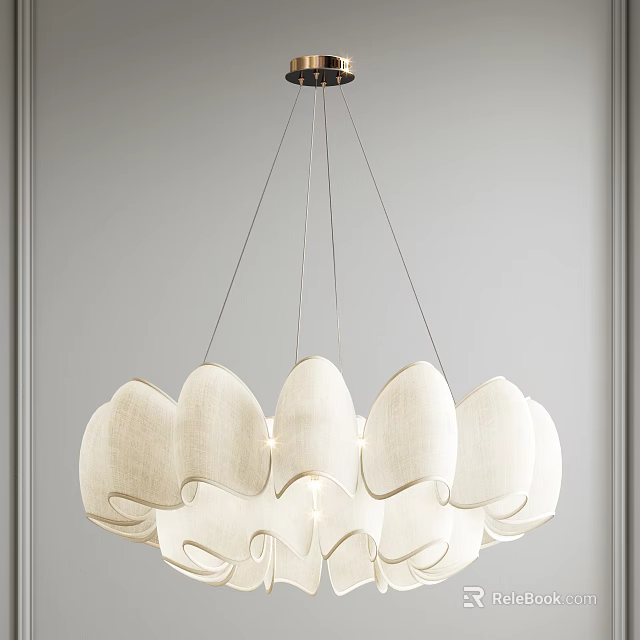 Modern White Fabric Petal Shaped Chandelier with Metal Chains Hanging on Gray Wall 3d model 