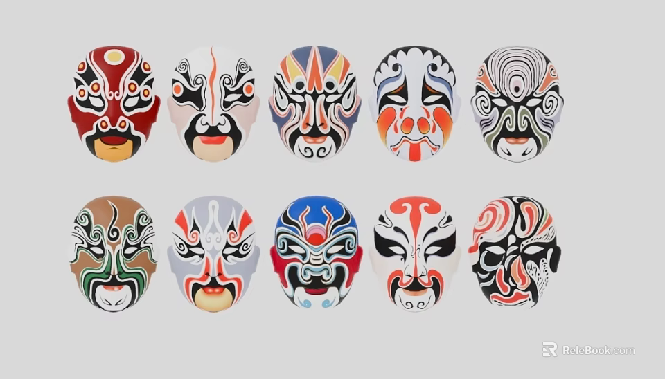 Traditional Peking Opera Masks With Various Colorful Facial Designs And Patterns 3d model 