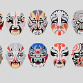 Traditional Peking Opera Masks With Various Colorful Facial Designs And Patterns