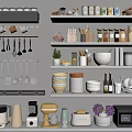 Modern Kitchen Storage Shelves With Various Kitchenware Mugs Bowls Spatulas Coffee Maker And Microwave