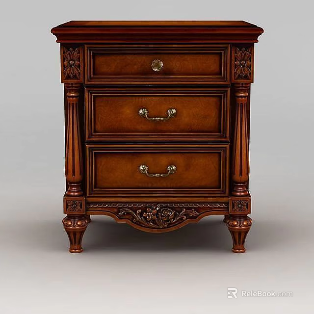 Vintage Wooden Storage Cabinet With Three Drawers And Intricate Carved Details 3d model 