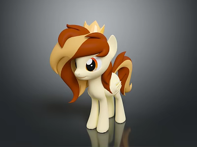 Brown And Beige Mane Pony Toy With Golden Crown Black Eyes And Gray Background 3d model
