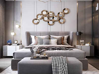 Elegant Modern Bedroom Interior With Gray Double Bed Circular Decorative Mirrors Nightstands And Bench 3d model