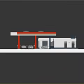 Modern Gas Station Building With Gray Roof Red Pillars And Fuel Dispensers