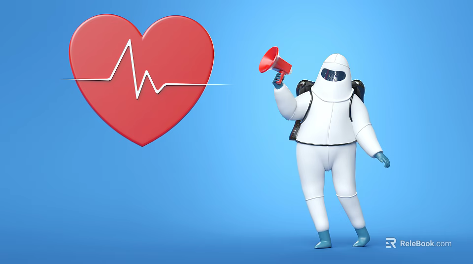 Cartoon Scene With Red Heart Heartbeat Line And White Suited Character Holding Megaphone On Blue 3d model 