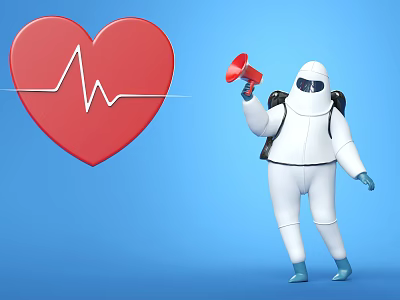 Cartoon Scene With Red Heart Heartbeat Line And White Suited Character Holding Megaphone On Blue 3d model