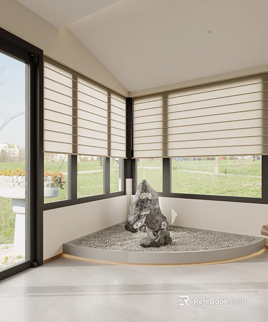 Modern Entryway Hallway With Light Colored Blinds Stone Feature Pebbles And Grassland View 3d model 