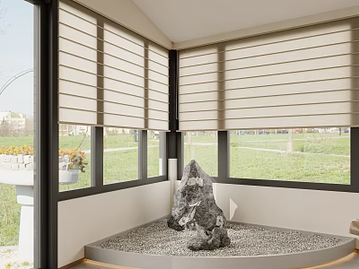 Modern Entryway Hallway With Light Colored Blinds Stone Feature Pebbles And Grassland View 3d model
