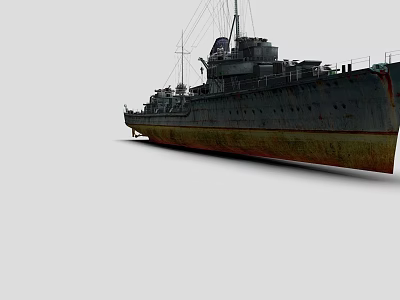 Old Warship With Rusty Hull And Masts In Side View On Gray Background 3d model