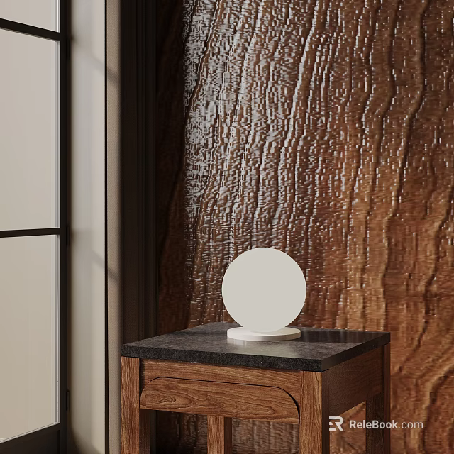 Minimalist Round Table Lamp on Wooden Cabinet with Marble Top Against Textured Wood Wall 3d model 