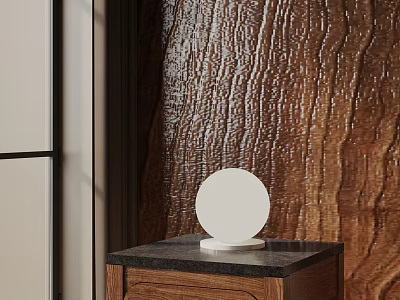 Minimalist Round Table Lamp on Wooden Cabinet with Marble Top Against Textured Wood Wall 3d model