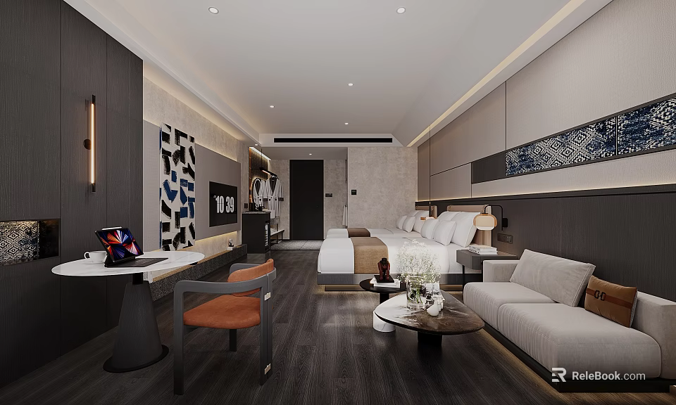 Modern Hotel Room Interior Featuring Comfortable Bed Sofa Coffee Table And Decorative Art 3d model 