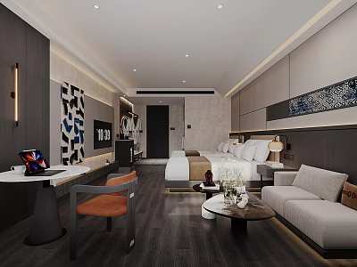 Modern Hotel Room Interior Featuring Comfortable Bed Sofa Coffee Table And Decorative Art 3d model