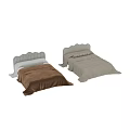 Double Bed With Curved And Striped Headboards Brown Beige Blankets Striped Pillows