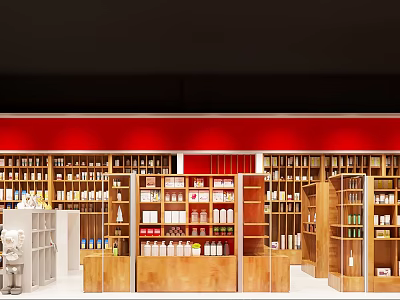 Bright Mall Store Interior With Wooden Shelves Various Bottled Goods Black Ceiling And Red Banner 3d model