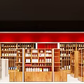 Bright Mall Store Interior With Wooden Shelves Various Bottled Goods Black Ceiling And Red Banner