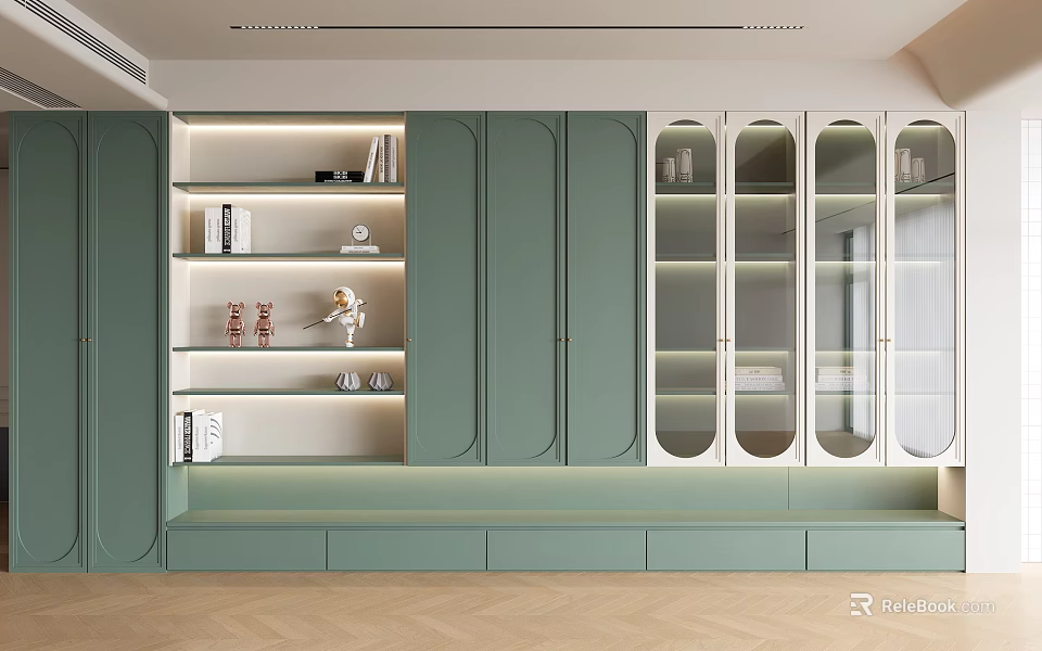 Elegant Modern Green Decorative Cabinet With Glass Doors Lighting Storage Compartments And Drawers 3d model 