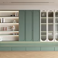 Elegant Modern Green Decorative Cabinet With Glass Doors Lighting Storage Compartments And Drawers