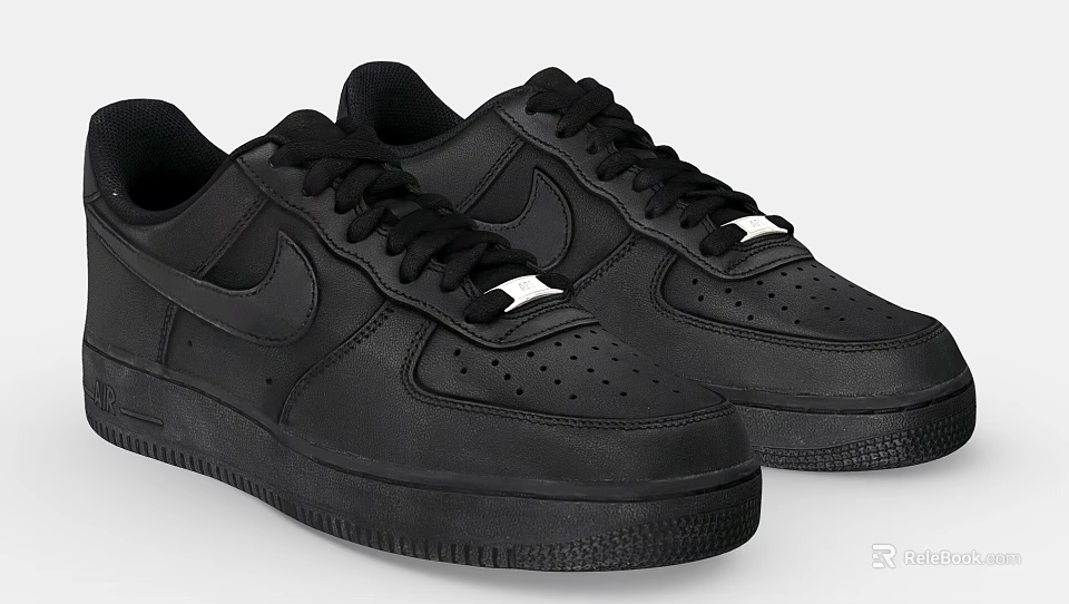 Nike Air Force 1 Black Leather Shoes With Lace Up Low Top Design 3d model 