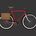 Red Bicycle With Brown Leather Seat And Rear Saddlebag Silver Spoked Wheels