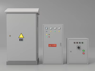 Industrial Electrical Control Cabinets With Various Sizes Warning Signs And Control Panels 3d model