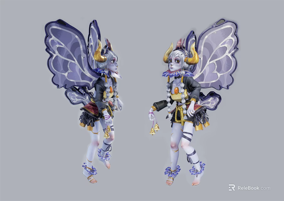 Two Fantasy Characters With Butterfly Wings Horns And Ornate Purple White Attire 3d model 