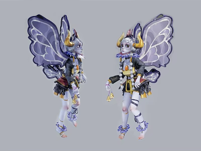 Two Fantasy Characters With Butterfly Wings Horns And Ornate Purple White Attire 3d model