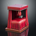 Red Canopy Double Bed With Curtains Wooden Frame Gray Pillow And Stitched Details
