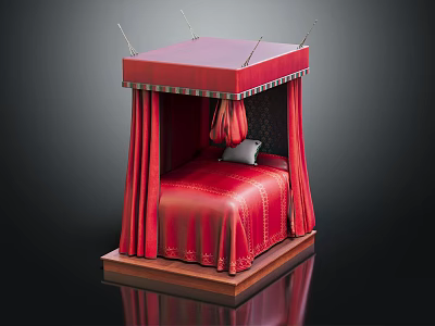 Red Canopy Double Bed With Curtains Wooden Frame Gray Pillow And Stitched Details 3d model