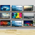 Multiple Modern TVs on Wall with Various Screen Displays and Visual Content 3d model