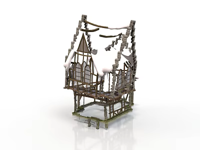 Handcrafted Rustic Miniature House Structure With Wooden Twig Roof And Window Frames 3d model