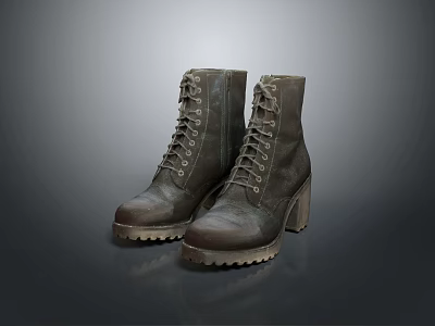 Dark Gray Vintage Lace Up Block Heel Boots With Textured Sole Design 3d model