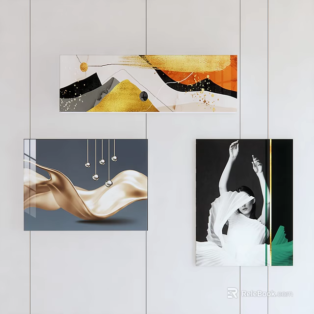 Modern Abstract Wall Art With Gold Fluid Geometric Dancer And Colorful Elements 3d model