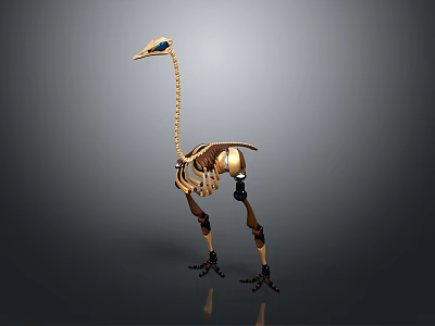 Ostrich Skeleton Model With Metallic Structure Long Neck And Slender Legs On Gray Background 3d model