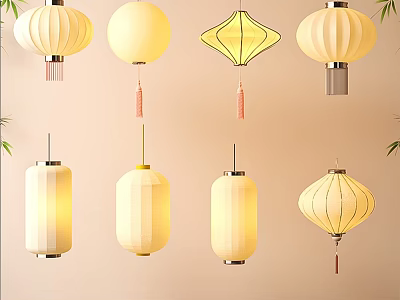 Hanging Paper Lanterns With Various Styles Soft Yellow Light And Decorative Tassels Design 3d model