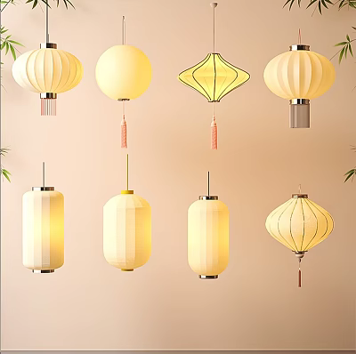Hanging Paper Lanterns With Various Styles Soft Yellow Light And Decorative Tassels Design 3d model