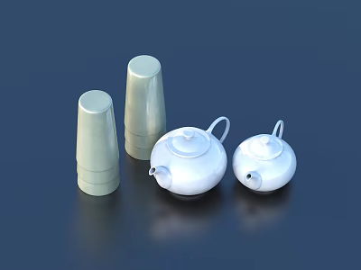 Everyday Living Essentials Featuring Glossy White Teapots And Stacked Light Colored Cups For Home Use 3d model