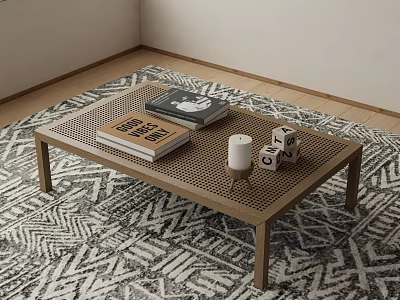 Perforated Wooden Coffee Table with Books White Candle and Dice on Geometric Rug 3d model