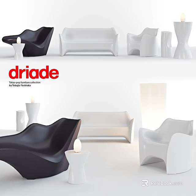 Driade Modern Furniture Collection Featuring Black White Sofa Chair And Lamp 3d model 