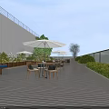 Stylish Roof Terrace With Wooden Deck Tables Chairs Umbrellas Green Plants And Ping Pong Table