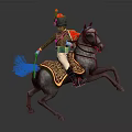 Military Soldier In Green Uniform Riding Rearing Gray Horse With Decorative Saddle Pad