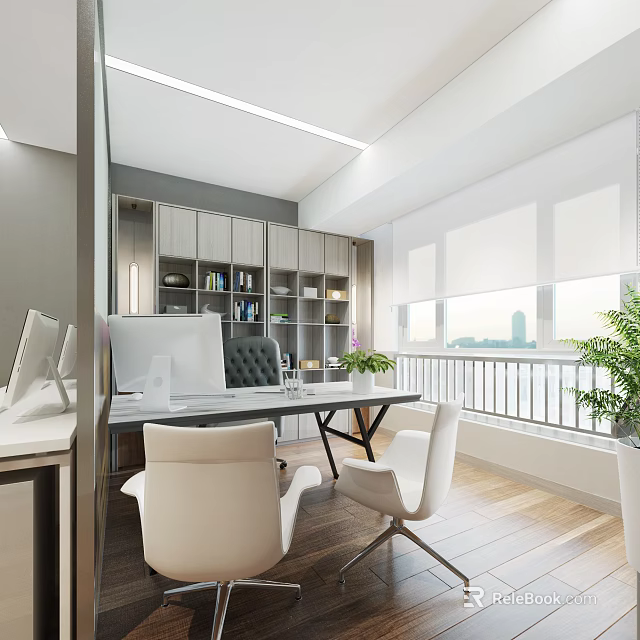 Modern Office Workspace With Wooden Desk Ergonomic Chairs Bookshelf And Large Window 3d model 