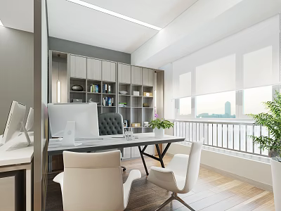 Modern Office Workspace With Wooden Desk Ergonomic Chairs Bookshelf And Large Window 3d model