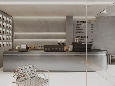 Modern Cafe Interior With Sleek Counter Hot Cold Drinks Menu Wall Shelves And Metal Bench 3d model