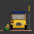 Yellow Food Truck Scene With Blue Canopy Banana Umbrella And Inflatable Ring