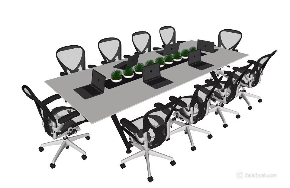 Modern Rectangular Conference Table With Office Chairs Laptops And Green Plants 3d model