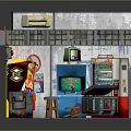 Cartoon Retro Arcade Scene Featuring Graffiti Walls Vintage Machines Old TV And Vending