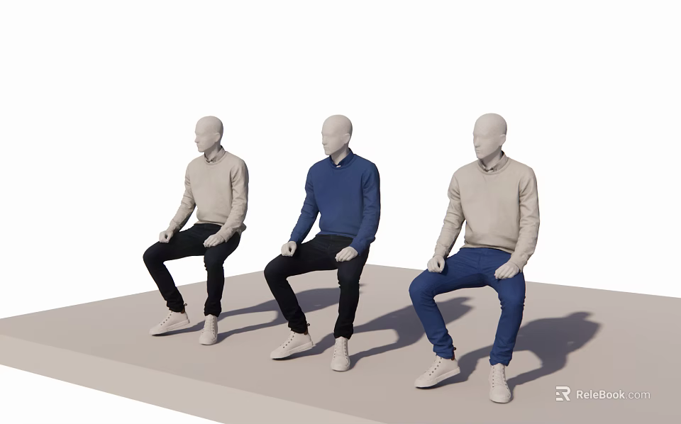 Sitting Mannequins Wearing Blue Beige Sweaters Black Blue Pants And White Sneakers 3d model 