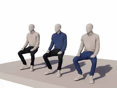 Sitting Mannequins Wearing Blue Beige Sweaters Black Blue Pants And White Sneakers 3d model